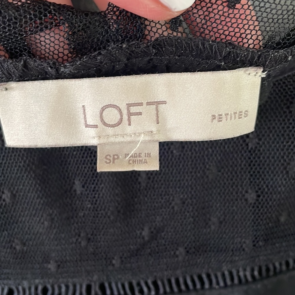 Loft Swiss Dot Sheer Ruffled Black Blouse sz Small Petite - Picture 5 of 5